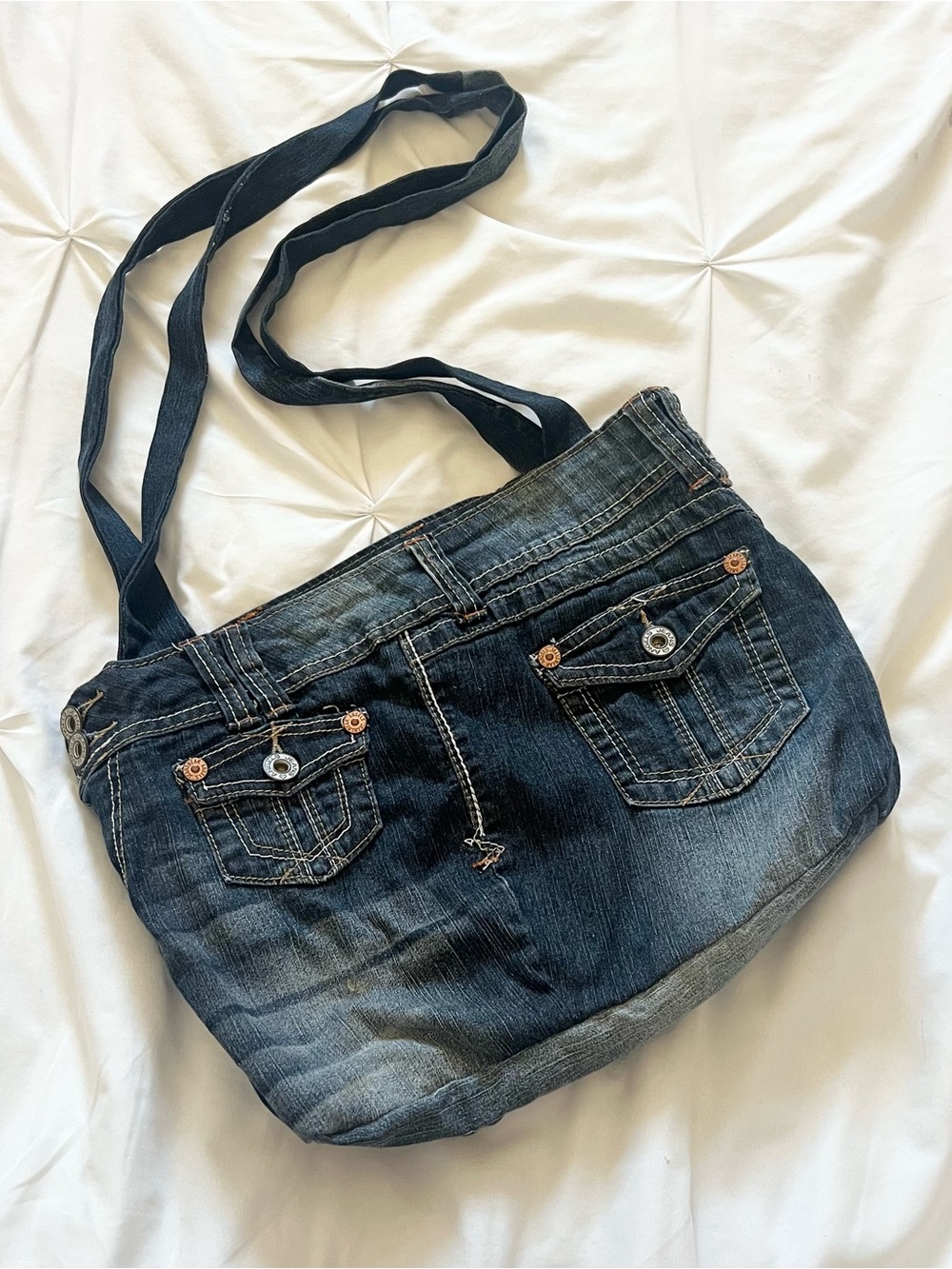 Vintage Dark Blue Denim Shoulder Bag with Front Pocket Details